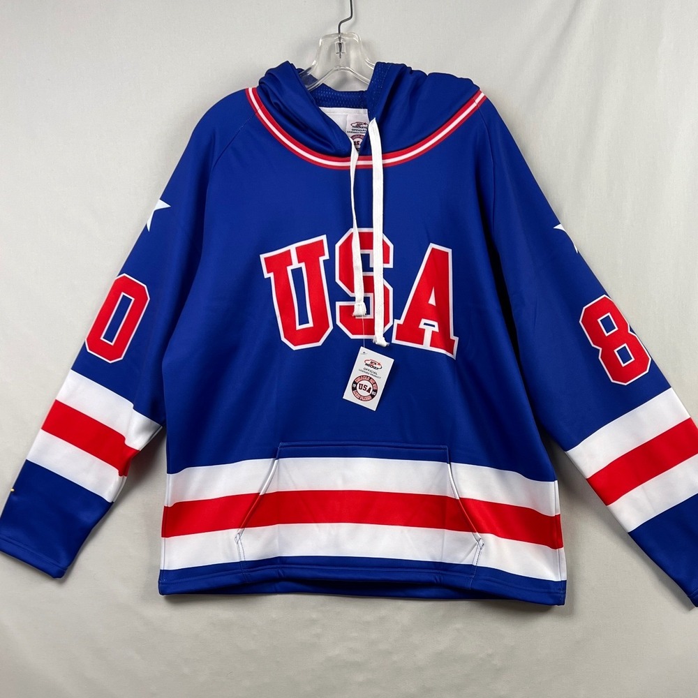 USA Hockey Hoodie Mens Large Blue Miracle on Ice Olympic Jersey Sweatshirt